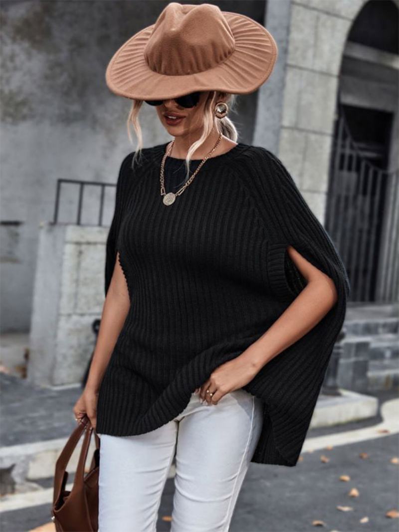 Γυναικείο Πλεκτό Poncho Jewel Neck Μαύρο Φθινοπωρινό Ακρωτήριο - Μαύρος