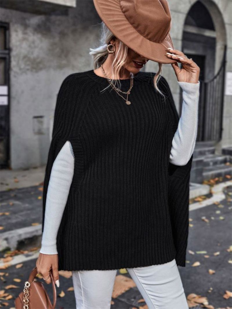 Γυναικείο Πλεκτό Poncho Jewel Neck Μαύρο Φθινοπωρινό Ακρωτήριο - Μαύρος