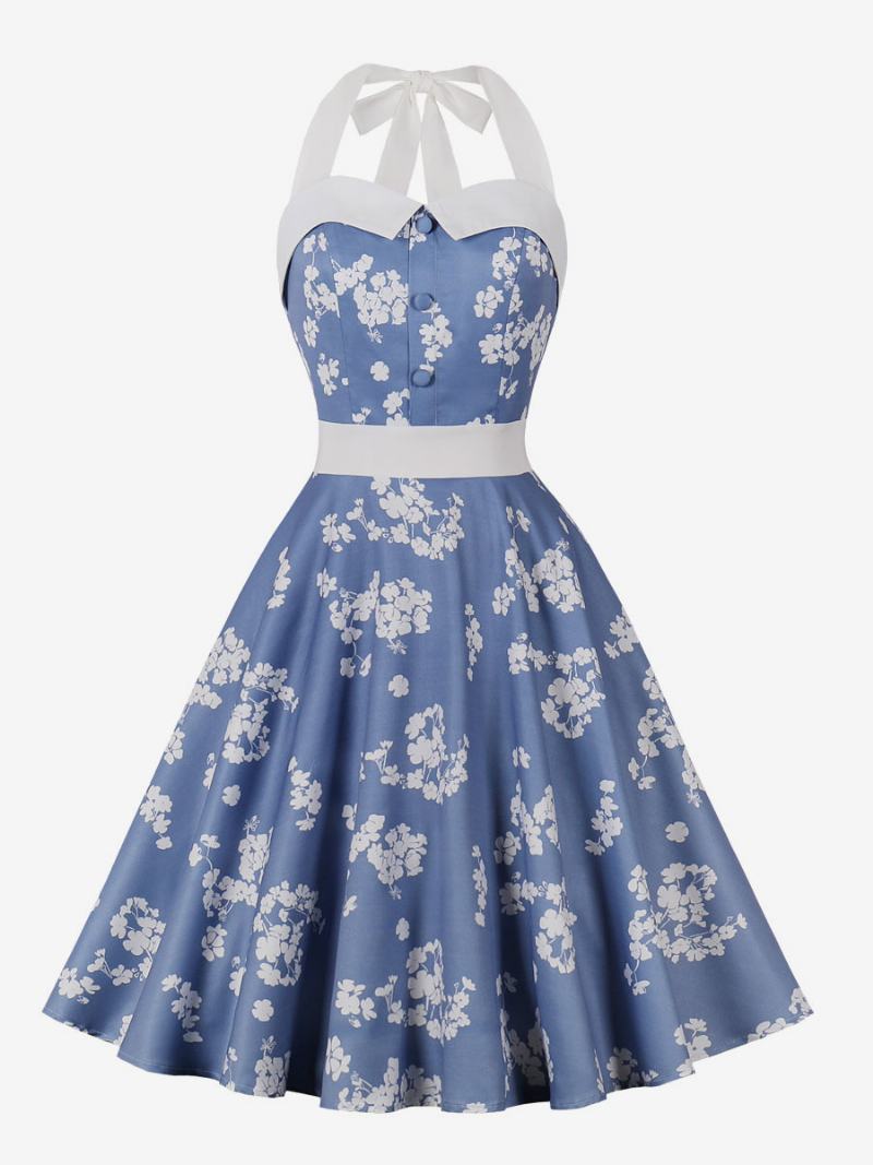 Γυναικείο Ρετρό Φόρεμα Baby Blue Floral Print 1950s Audrey Hepburn Style Halter Rockabilly