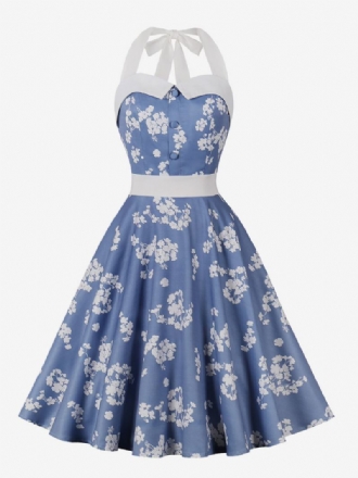 Γυναικείο Ρετρό Φόρεμα Baby Blue Floral Print 1950s Audrey Hepburn Style Halter Rockabilly