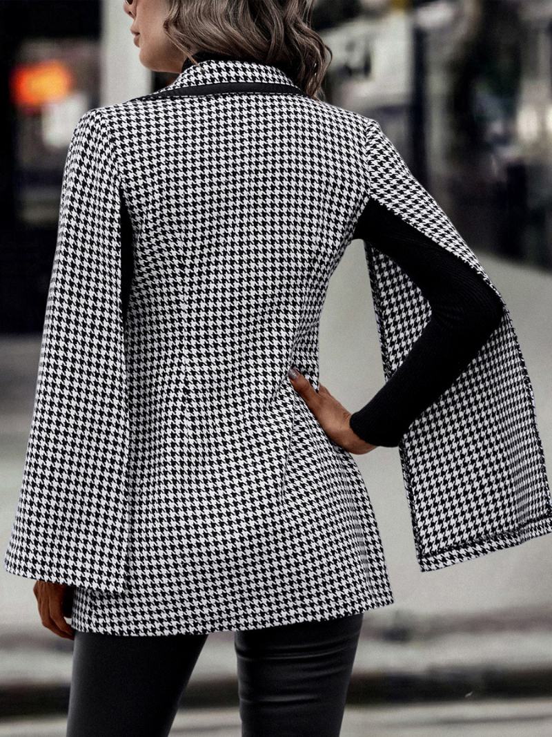 Γυναικείο Σακάκι Houndstooth Blazer V-λαιμόκοψη Μακρυμάνικο Business Casual Jacket - Μαύρος