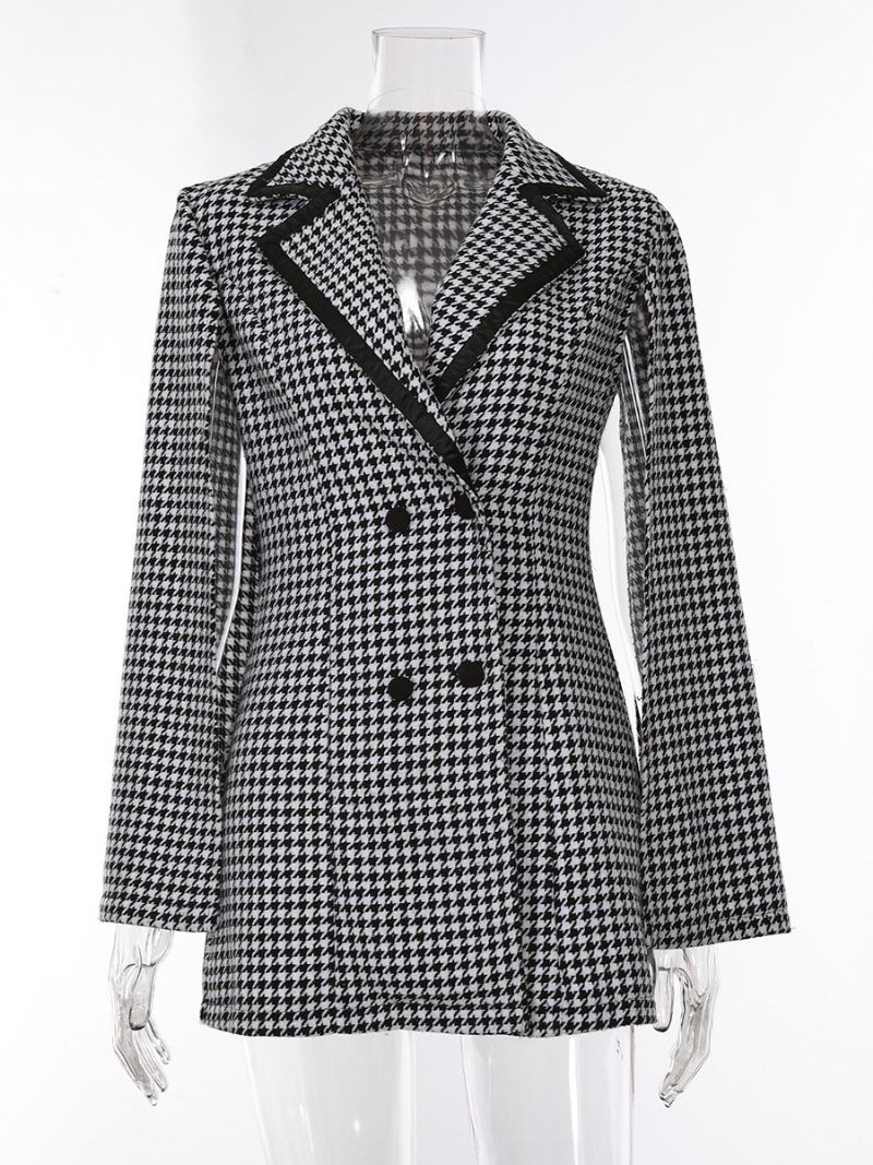 Γυναικείο Σακάκι Houndstooth Blazer V-λαιμόκοψη Μακρυμάνικο Business Casual Jacket - Μαύρος