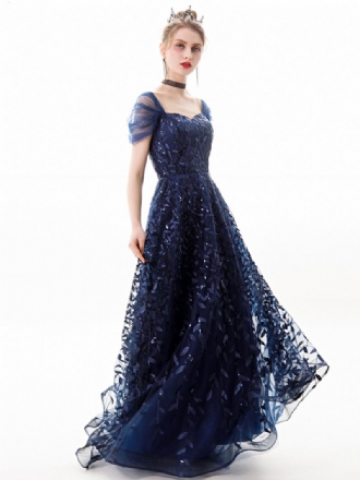 Γυναικείο Σκούρο Μπλε Φόρεμα Sweetheart Cap Sleeves Leaves Studded Prom Maxi Dresses