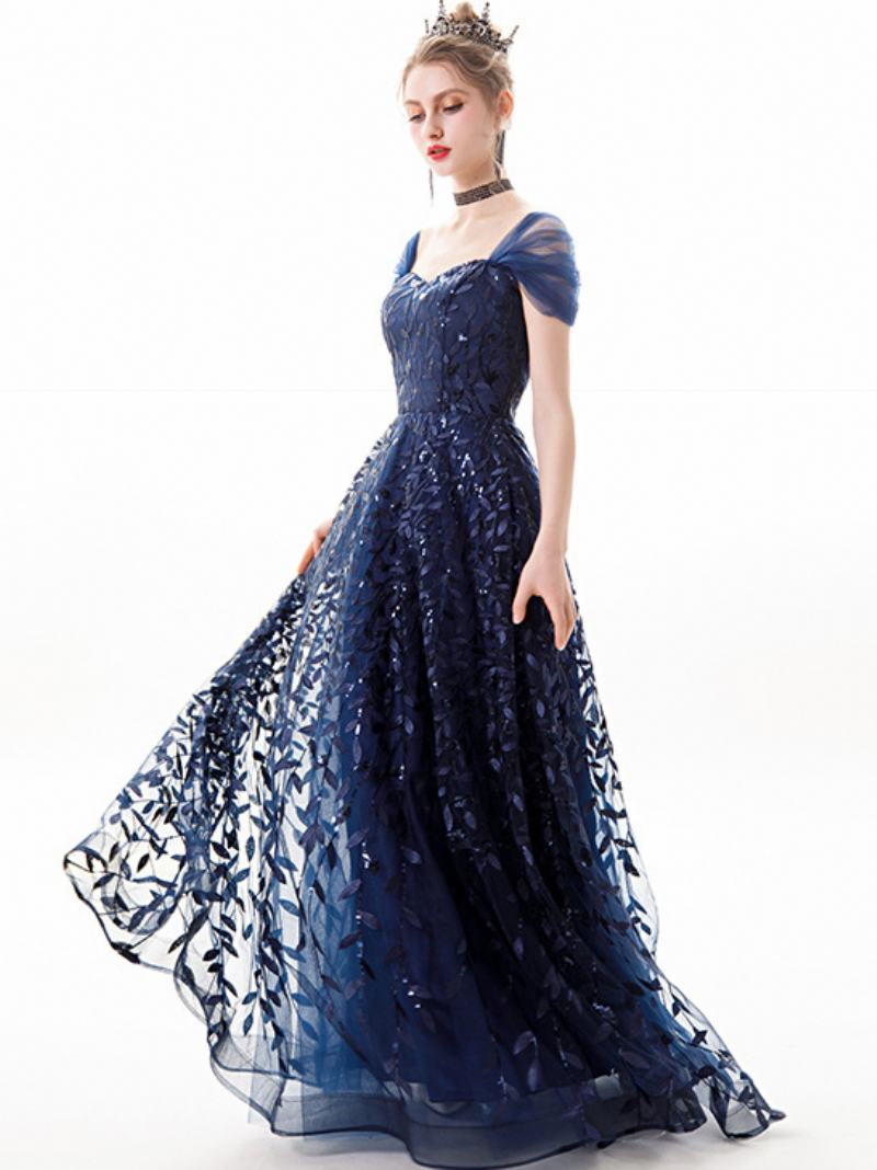 Γυναικείο Σκούρο Μπλε Φόρεμα Sweetheart Cap Sleeves Leaves Studded Prom Maxi Dresses - Βαθύ Μπλε