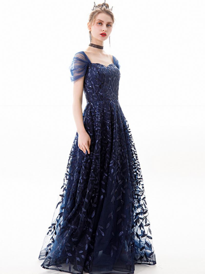 Γυναικείο Σκούρο Μπλε Φόρεμα Sweetheart Cap Sleeves Leaves Studded Prom Maxi Dresses - Βαθύ Μπλε