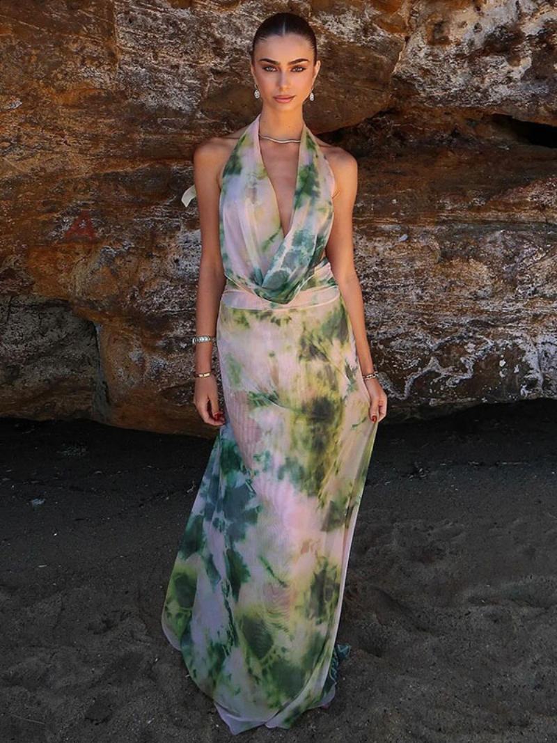 Γυναικείο Φλοράλ Φόρεμα Maxi Φορέματα Floral Print Αμάνικο V-λαιμόκοψη Chic Πλισέ Χωρίς Ανοιχτές Ραφές Long Fall