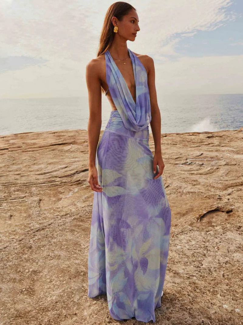 Γυναικείο Φλοράλ Φόρεμα Maxi Φορέματα Floral Print Αμάνικο V-λαιμόκοψη Chic Πλισέ Χωρίς Ανοιχτές Ραφές Long Fall - Μωβ