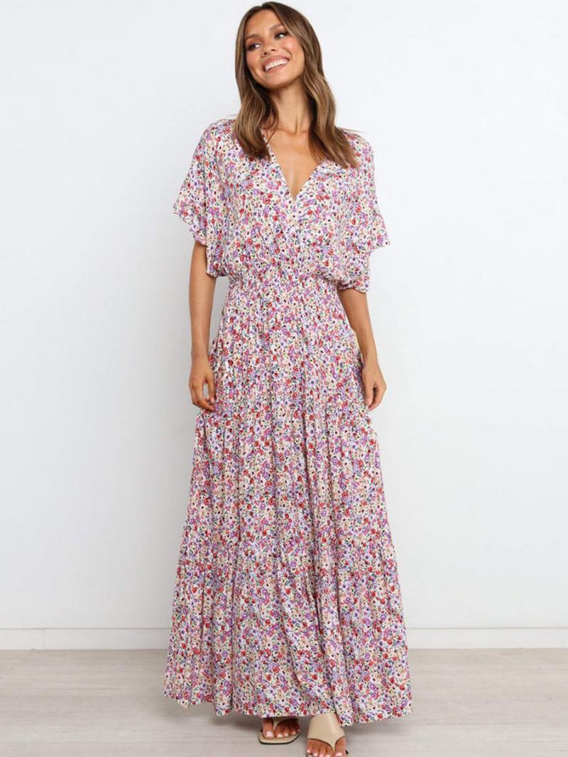 Γυναικείο Φλοράλ Φόρεμα Maxi Φορέματα Floral Print Κοντό Μανίκι V-λαιμόκοψη Casual Stretch Χωρίς Ανοιχτή Ραφή Long Fall