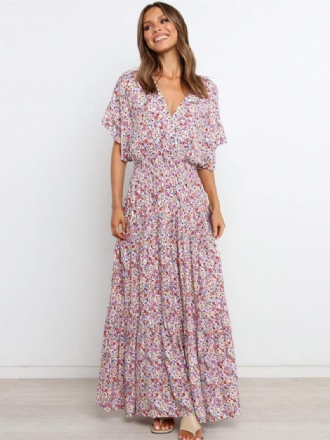 Γυναικείο Φλοράλ Φόρεμα Maxi Φορέματα Floral Print Κοντό Μανίκι V-λαιμόκοψη Casual Stretch Χωρίς Ανοιχτή Ραφή Long Fall