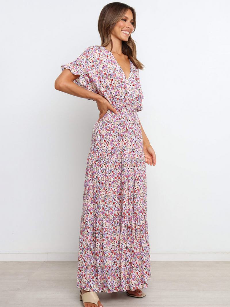 Γυναικείο Φλοράλ Φόρεμα Maxi Φορέματα Floral Print Κοντό Μανίκι V-λαιμόκοψη Casual Stretch Χωρίς Ανοιχτή Ραφή Long Fall - Άσπρο