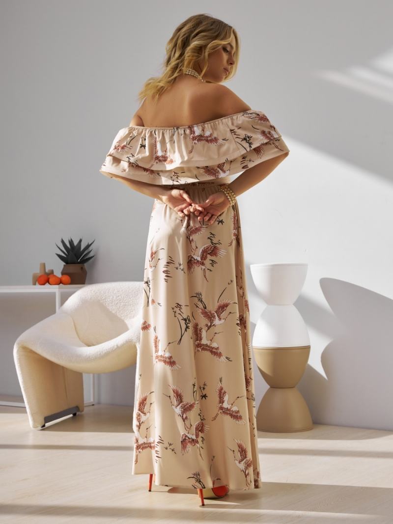 Γυναικείο Φλοράλ Φόρεμα Off The Shoulder High Slit Ruffles Casual Καλοκαιρινά Μάξι Φορέματα - Ελεφαντοστού