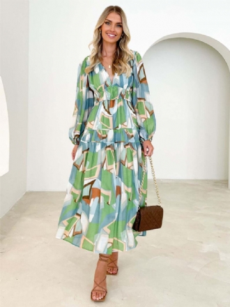 Γυναικείο Φλοράλ Φόρεμα Φορέματα Maxi Floral Print Πλισέ V-λαιμόκοψη Μακριά Μανίκια Χωρίς Ανοιχτή Ραφή Casual Καλοκαιρινό Μακρύ