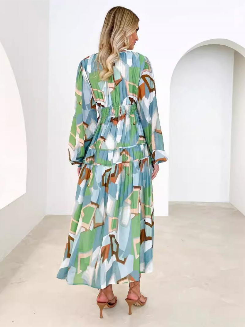 Γυναικείο Φλοράλ Φόρεμα Φορέματα Maxi Floral Print Πλισέ V-λαιμόκοψη Μακριά Μανίκια Χωρίς Ανοιχτή Ραφή Casual Καλοκαιρινό Μακρύ - Πράσινο