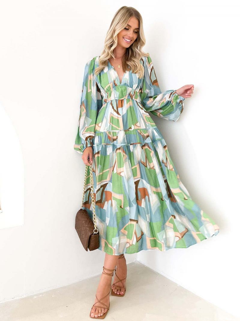 Γυναικείο Φλοράλ Φόρεμα Φορέματα Maxi Floral Print Πλισέ V-λαιμόκοψη Μακριά Μανίκια Χωρίς Ανοιχτή Ραφή Casual Καλοκαιρινό Μακρύ - Πράσινο