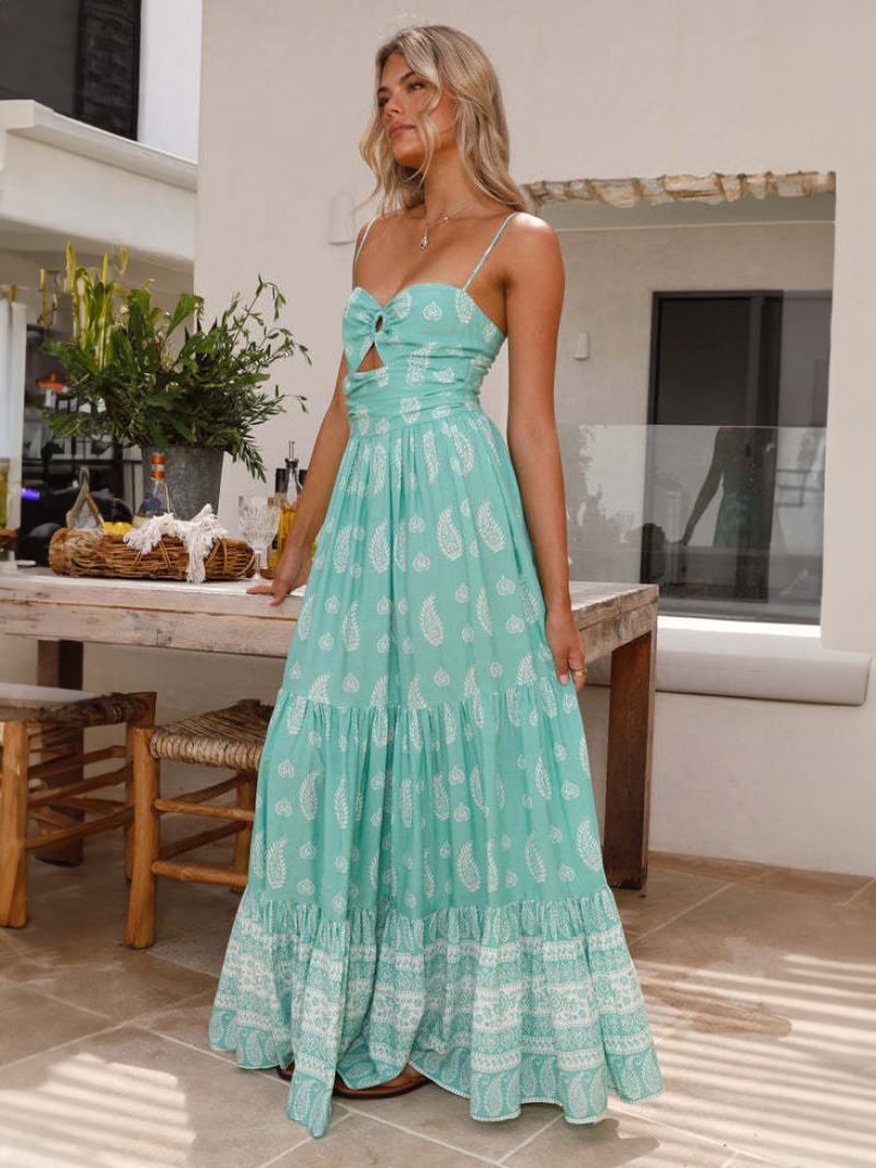 Γυναικείο Φόρεμα A-line Spaghetti Λουράκια Cutout Tiered Resort Casual Καλοκαιρινά Μάξι Φορέματα - Πράσινος