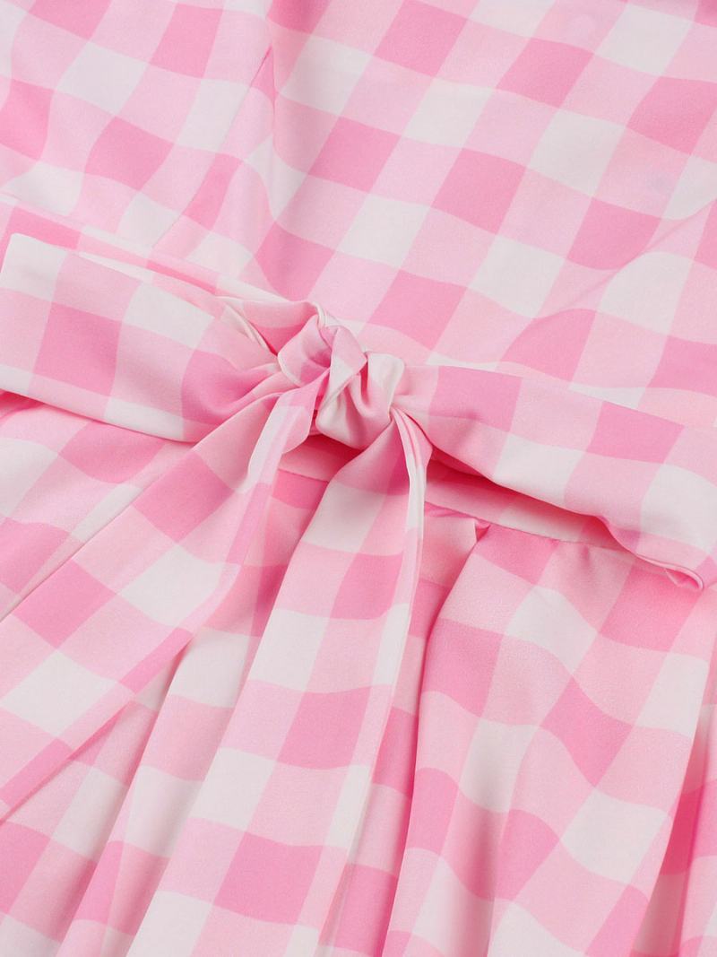 Γυναικείο Φόρεμα Barbie Pink Gingham 1950 Audrey Hepburn Αμάνικο Καρό Vintage - Ροζ