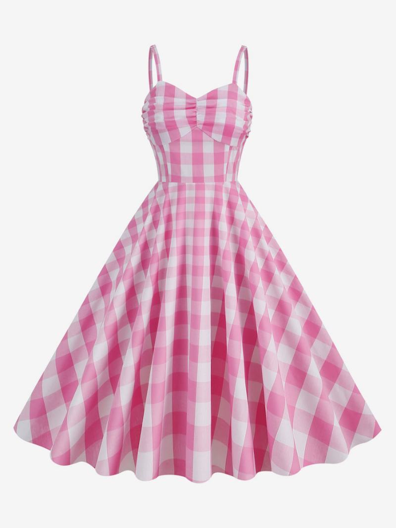 Γυναικείο Φόρεμα Barbie Pink Gingham 1950 Με Πλισέ Τιράντες Καρό Vintage