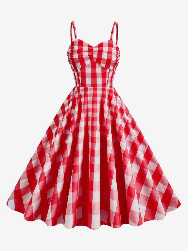 Γυναικείο Φόρεμα Barbie Pink Gingham 1950 Με Πλισέ Τιράντες Καρό Vintage - Κόκκινο