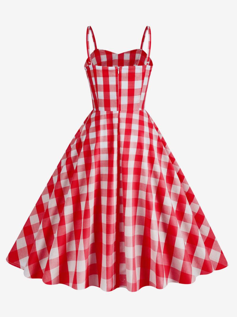 Γυναικείο Φόρεμα Barbie Pink Gingham 1950 Με Πλισέ Τιράντες Καρό Vintage - Κόκκινο