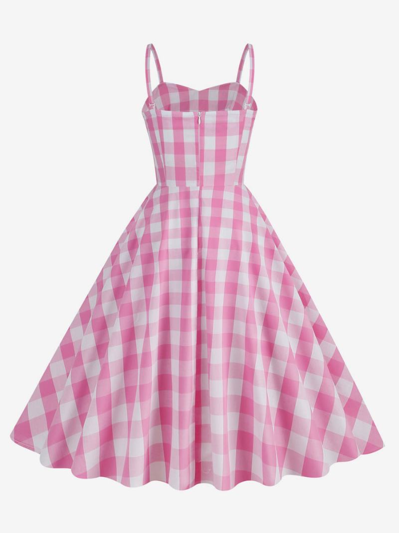 Γυναικείο Φόρεμα Barbie Pink Gingham 1950 Με Πλισέ Τιράντες Καρό Vintage - Ροζ