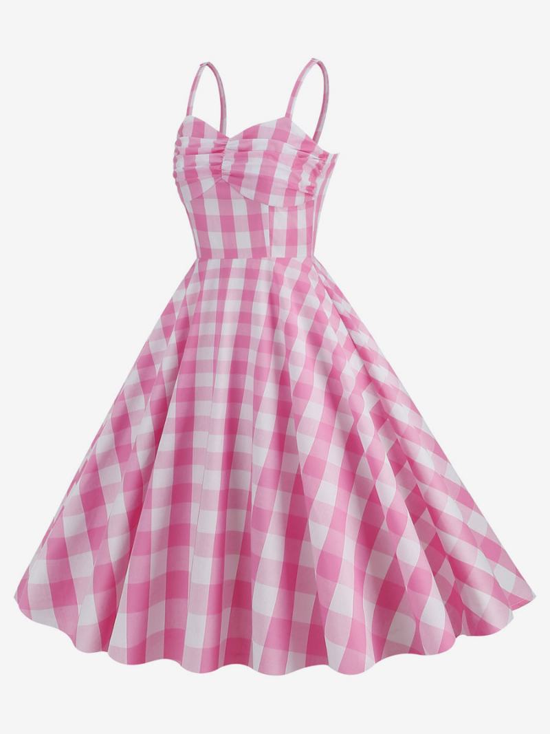 Γυναικείο Φόρεμα Barbie Pink Gingham 1950 Με Πλισέ Τιράντες Καρό Vintage - Ροζ