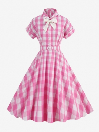 Γυναικείο Φόρεμα Barbie Pink Gingham 1950s Κοντά Μανίκια Καρό Vintage