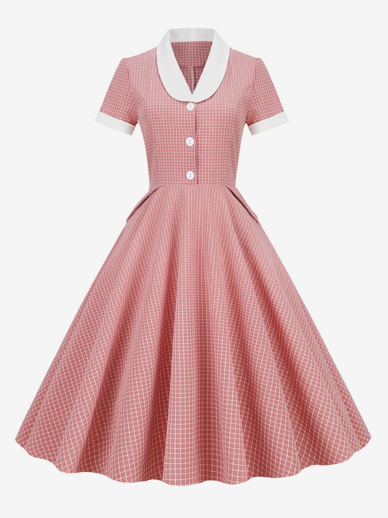 Γυναικείο Φόρεμα Barbie Pink Gingham 1950s Κοντομάνικο Audrey Hepburn Style Vintage