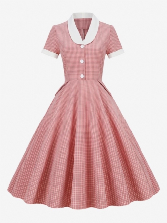 Γυναικείο Φόρεμα Barbie Pink Gingham 1950s Κοντομάνικο Audrey Hepburn Style Vintage