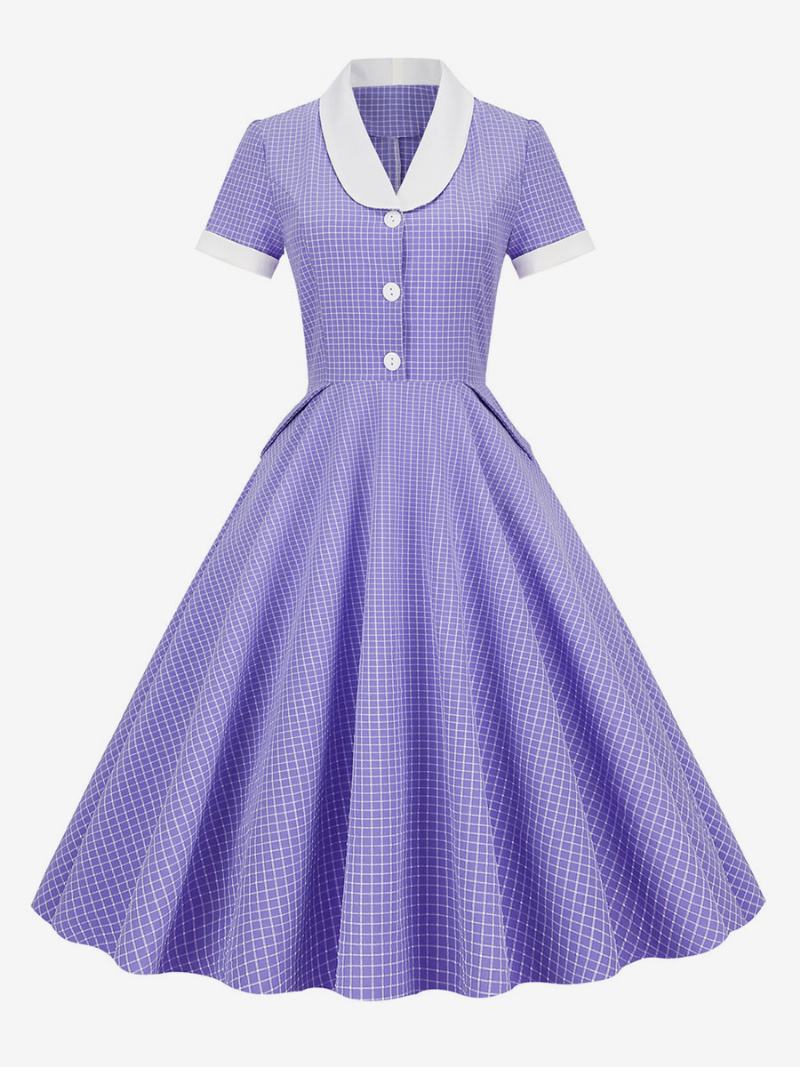 Γυναικείο Φόρεμα Barbie Pink Gingham 1950s Κοντομάνικο Audrey Hepburn Style Vintage - Μωβ