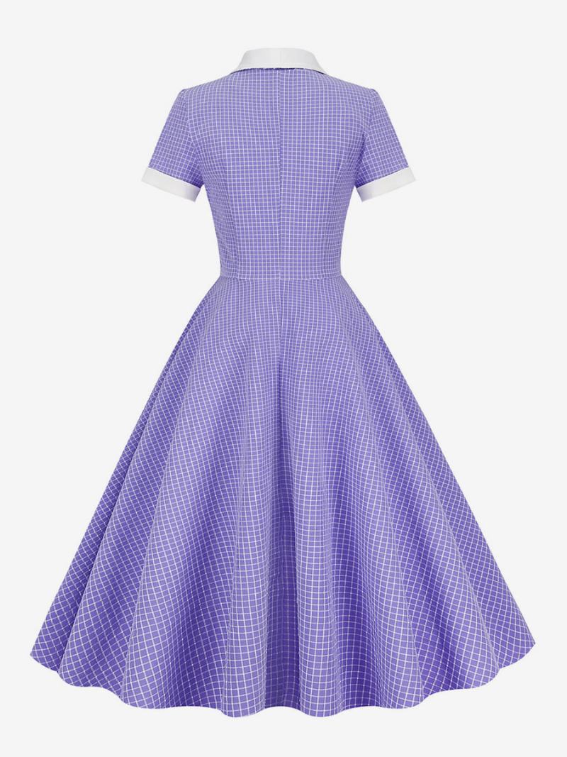 Γυναικείο Φόρεμα Barbie Pink Gingham 1950s Κοντομάνικο Audrey Hepburn Style Vintage - Μωβ