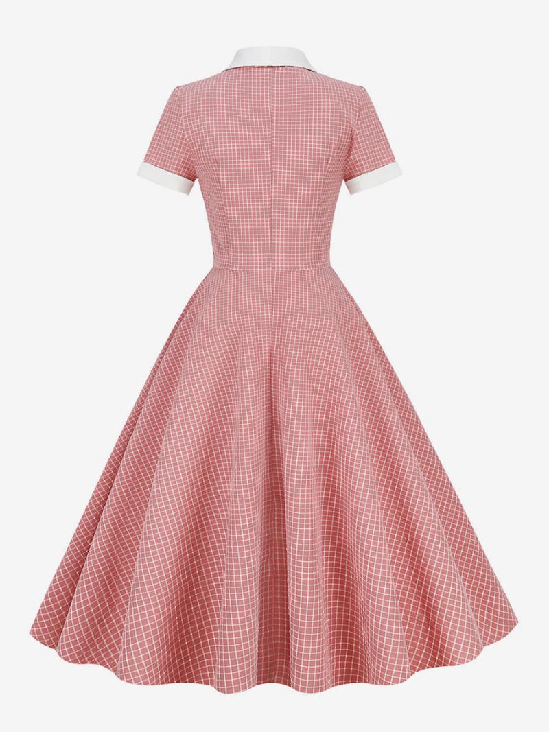 Γυναικείο Φόρεμα Barbie Pink Gingham 1950s Κοντομάνικο Audrey Hepburn Style Vintage - Ροζ