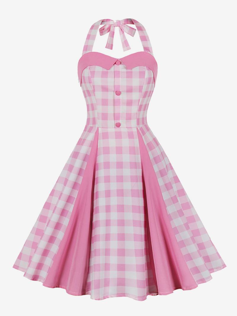 Γυναικείο Φόρεμα Barbie Pink Gingham Vintage Midi Halter Της Δεκαετίας Του 1950