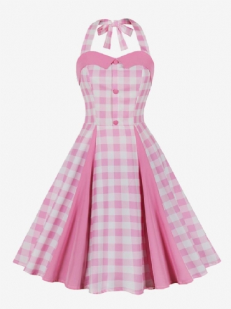 Γυναικείο Φόρεμα Barbie Pink Gingham Vintage Midi Halter Της Δεκαετίας Του 1950