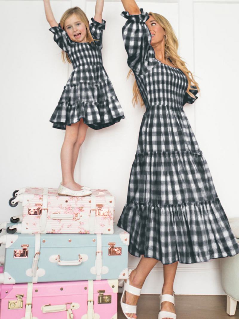 Γυναικείο Φόρεμα Barbie Pink Gingham Γονέα-παιδιού Με Τετράγωνο Καρό Μεσαίο Καλοκαιρινό - Μαύρο