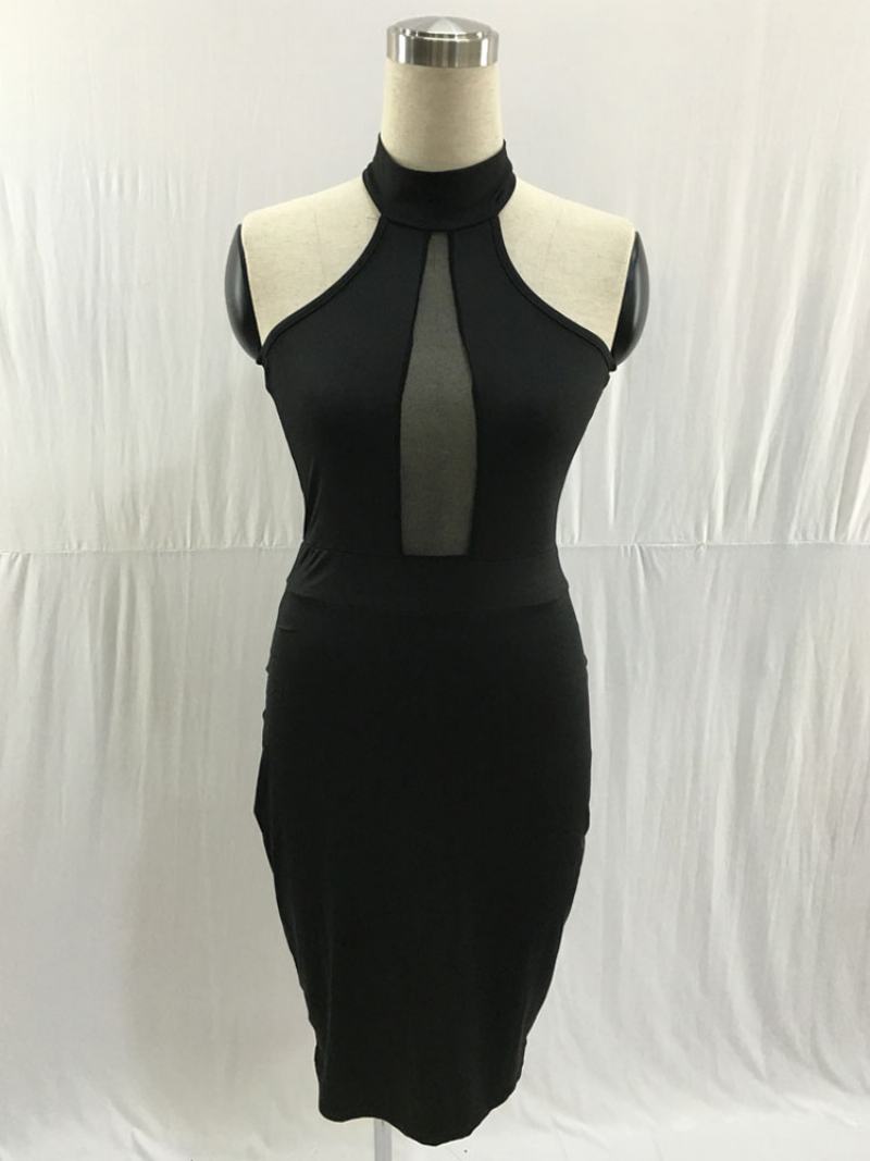 Γυναικείο Φόρεμα Bodycon Μαύρο Με Πλισέ Κόμπους Casual Μίντι Μολύβι - Μαύρος