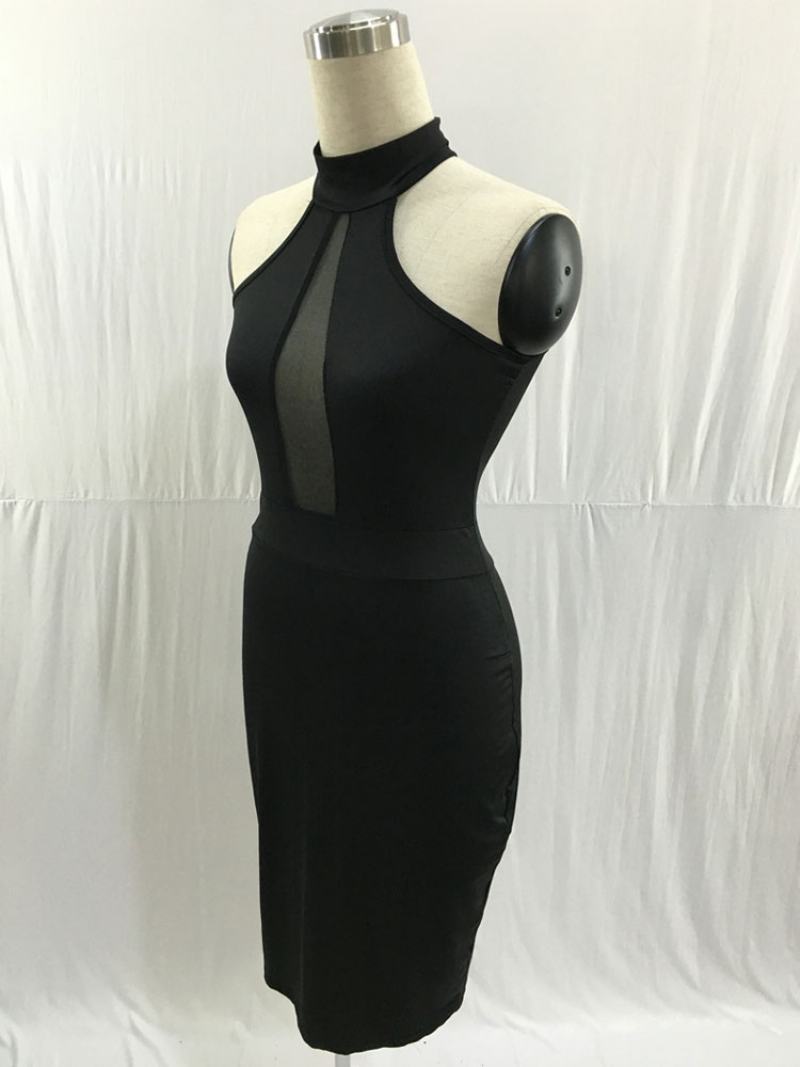 Γυναικείο Φόρεμα Bodycon Μαύρο Με Πλισέ Κόμπους Casual Μίντι Μολύβι - Μαύρος