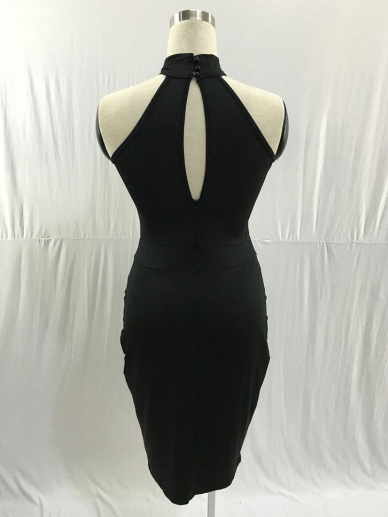 Γυναικείο Φόρεμα Bodycon Μαύρο Με Πλισέ Κόμπους Casual Μίντι Μολύβι - Μαύρος