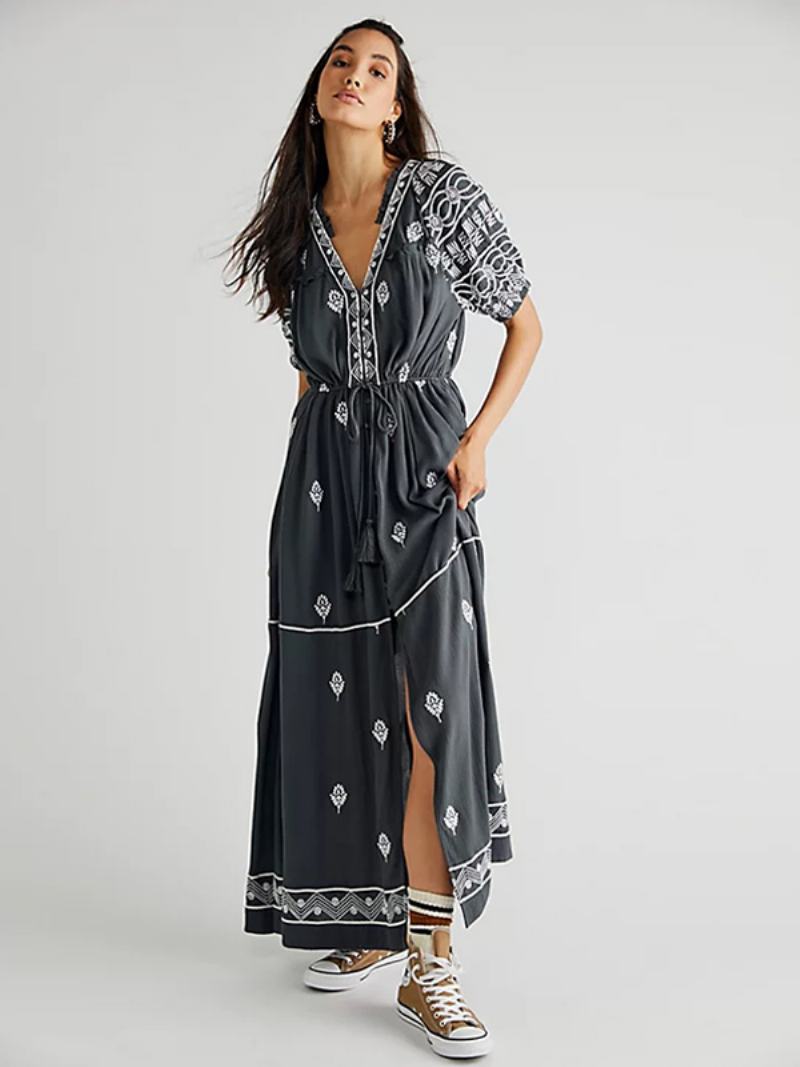 Γυναικείο Φόρεμα Boho Summer Beach Maxi Geo Με Στάμπα V-λαιμόκοψη Ζώνη Σχισμή