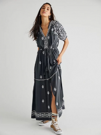 Γυναικείο Φόρεμα Boho Summer Beach Maxi Geo Με Στάμπα V-λαιμόκοψη Ζώνη Σχισμή