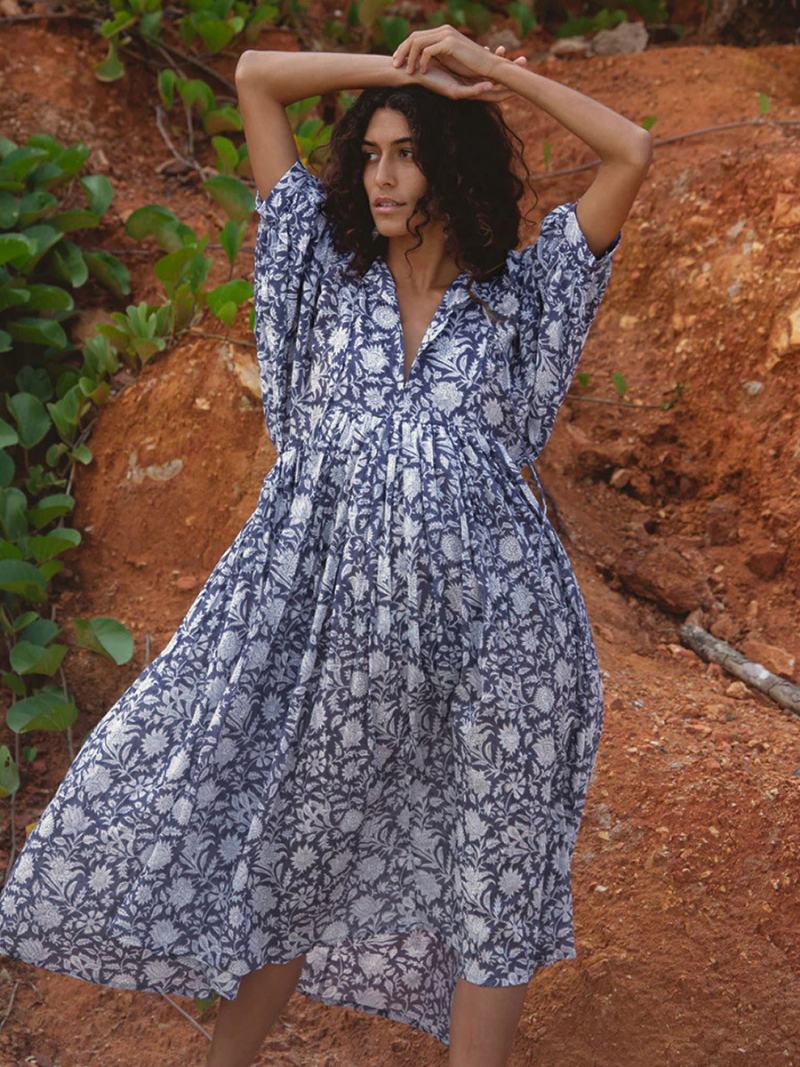 Γυναικείο Φόρεμα Boho Μισό Μανίκι Εμπριμέ Oversized Καλοκαιρινό Με Πλισέ - Μπλε