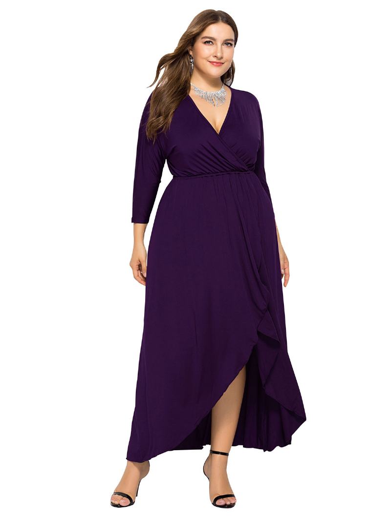 Γυναικείο Φόρεμα Maxi Plus Size Beep Μπλε Μακρυμάνικο Με Λαιμόκοψη V Υπερμεγέθη Μακρύ - Μωβ