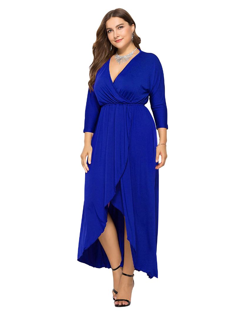 Γυναικείο Φόρεμα Maxi Plus Size Beep Μπλε Μακρυμάνικο Με Λαιμόκοψη V Υπερμεγέθη Μακρύ - Βασιλικό Μπλε