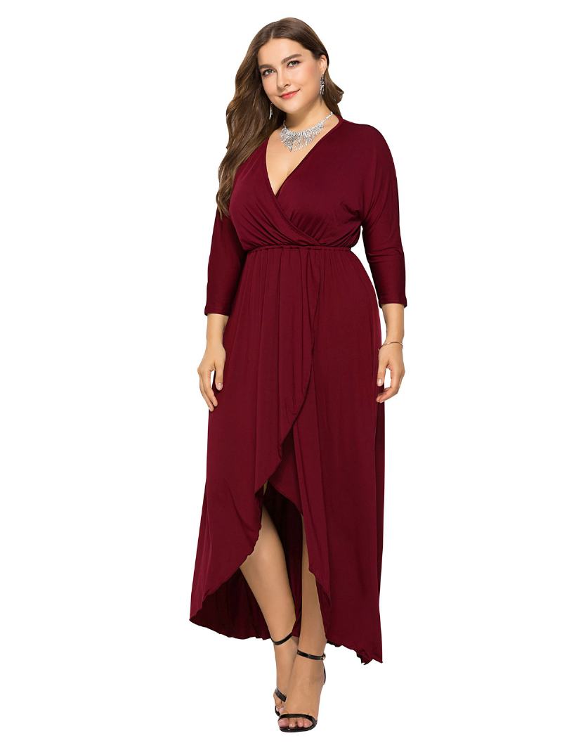 Γυναικείο Φόρεμα Maxi Plus Size Beep Μπλε Μακρυμάνικο Με Λαιμόκοψη V Υπερμεγέθη Μακρύ - Βουργουνδία