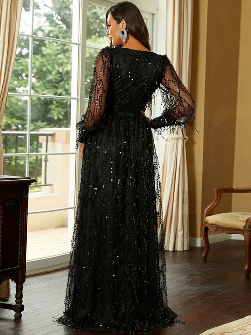 Γυναικείο Φόρεμα Preals Plunge High-slit Illusion Sleeves Φορέματα Prom Maxi - Μαύρος