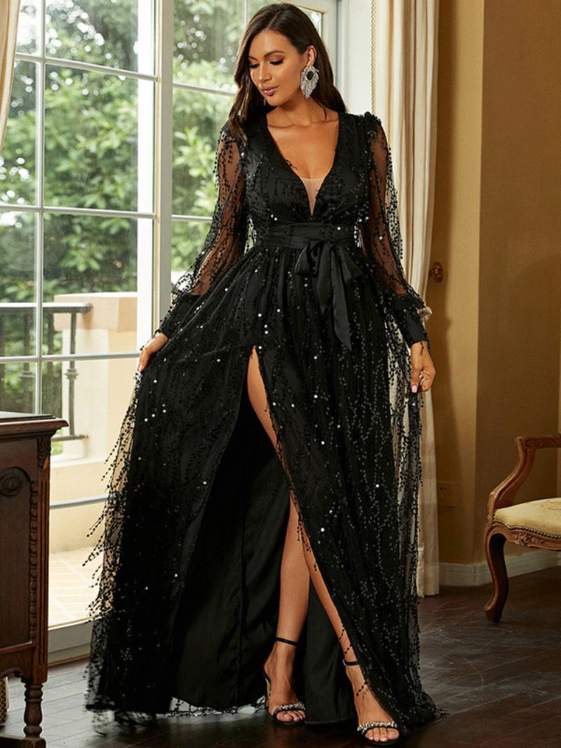 Γυναικείο Φόρεμα Preals Plunge High-slit Illusion Sleeves Φορέματα Prom Maxi - Μαύρος