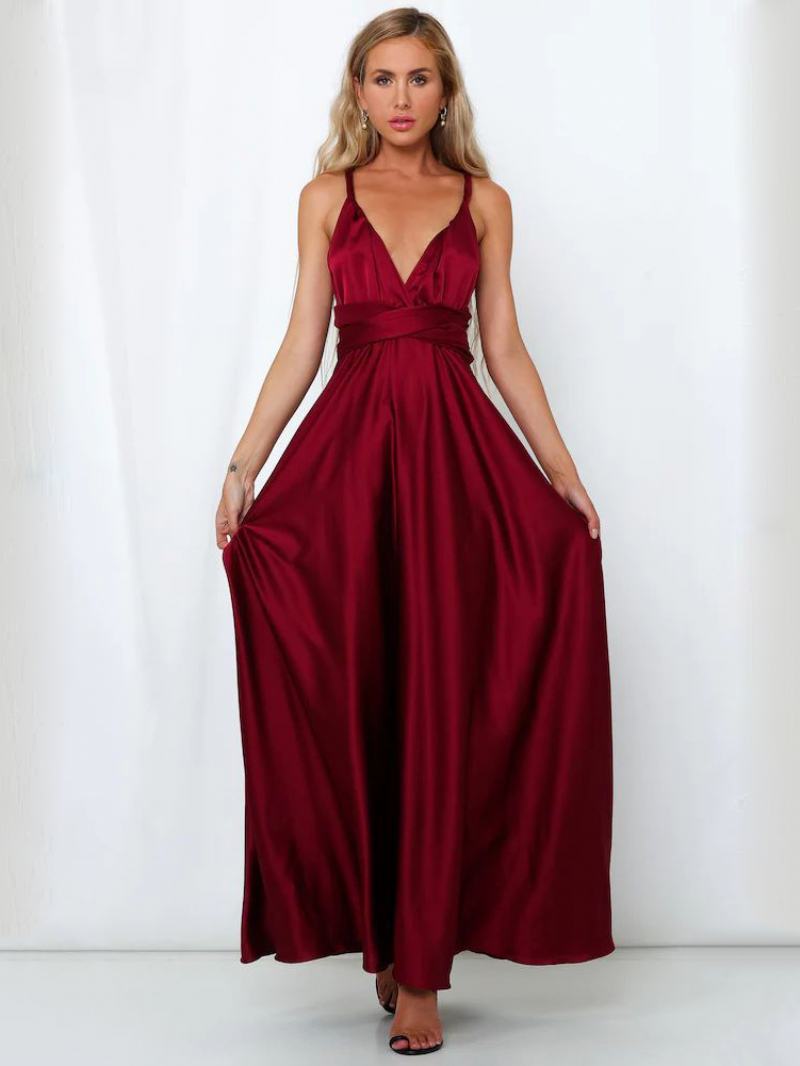 Γυναικείο Φόρεμα Μάξι Με Ανοιχτή Πλάτη Halter Plunge Crossover Waist Prom Dress - Βουργουνδία