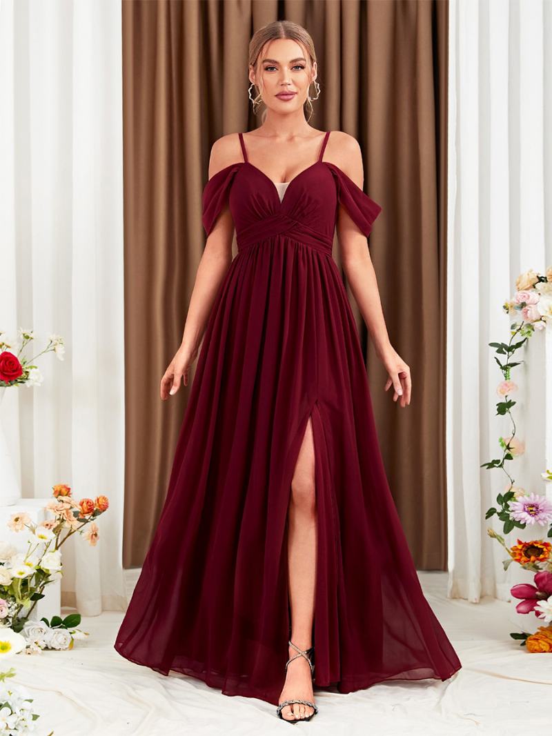 Γυναικείο Φόρεμα Σιφόν Μπορντό Cold Shoulder Crossover High-slit Prom Maxi Φορέματα