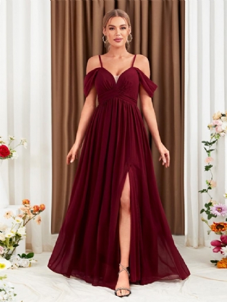 Γυναικείο Φόρεμα Σιφόν Μπορντό Cold Shoulder Crossover High-slit Prom Maxi Φορέματα