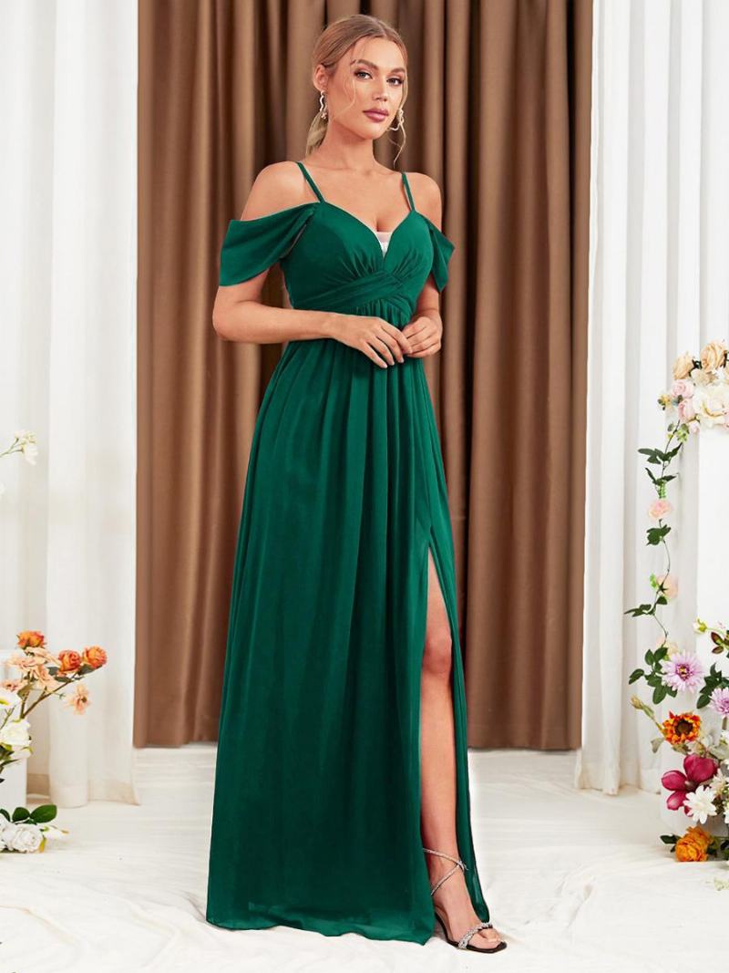 Γυναικείο Φόρεμα Σιφόν Μπορντό Cold Shoulder Crossover High-slit Prom Maxi Φορέματα - Πράσινο