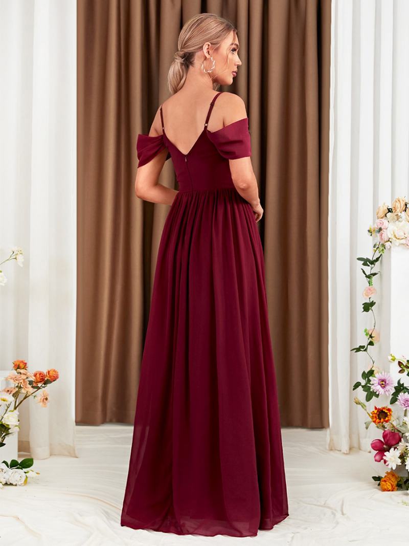 Γυναικείο Φόρεμα Σιφόν Μπορντό Cold Shoulder Crossover High-slit Prom Maxi Φορέματα - Βουργουνδία